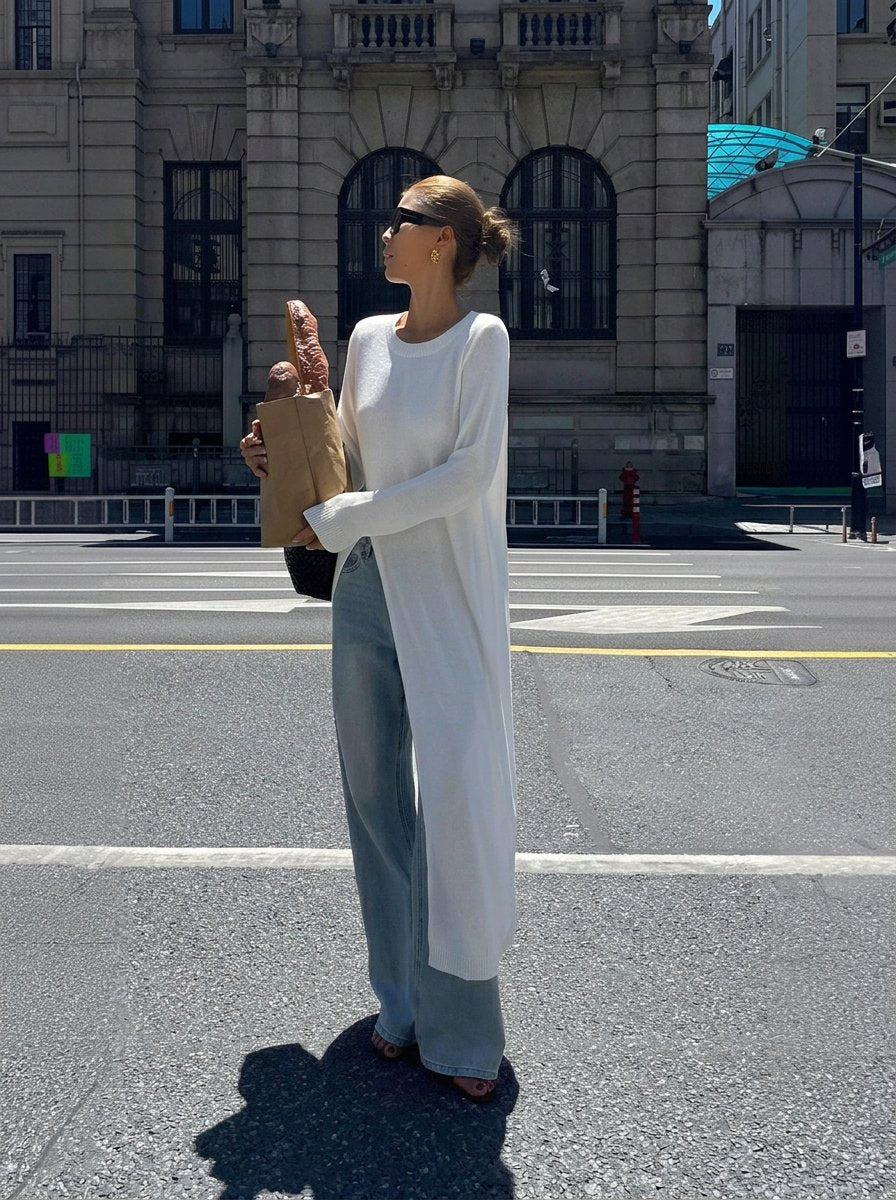 Ribbed Slit Hem Knit Sweater Dress