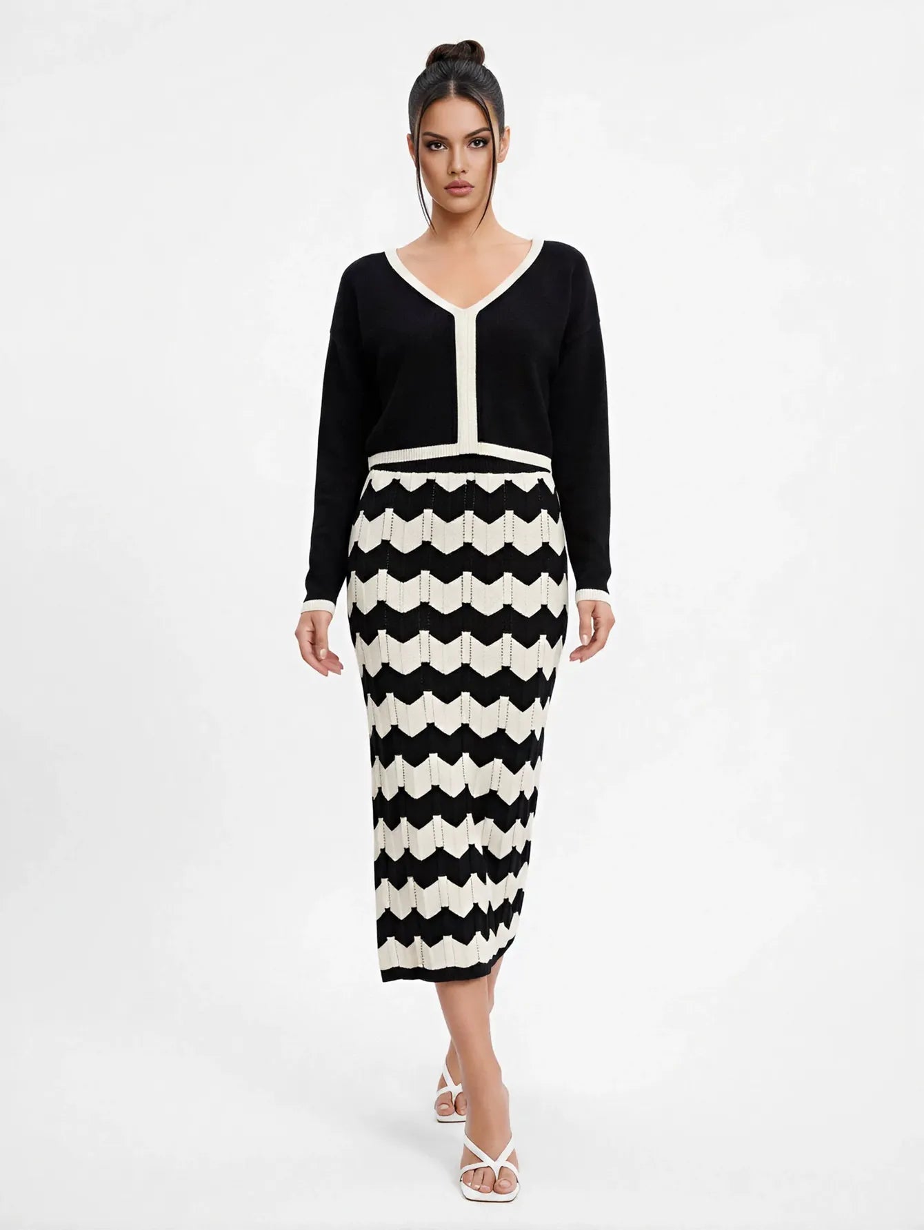 Colorblock Chevron Knit Sweater Skirt Set