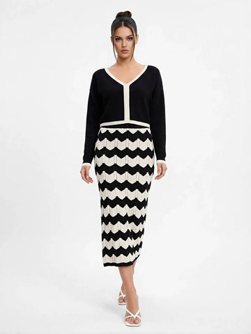 Colorblock Chevron Knit Sweater Skirt Set