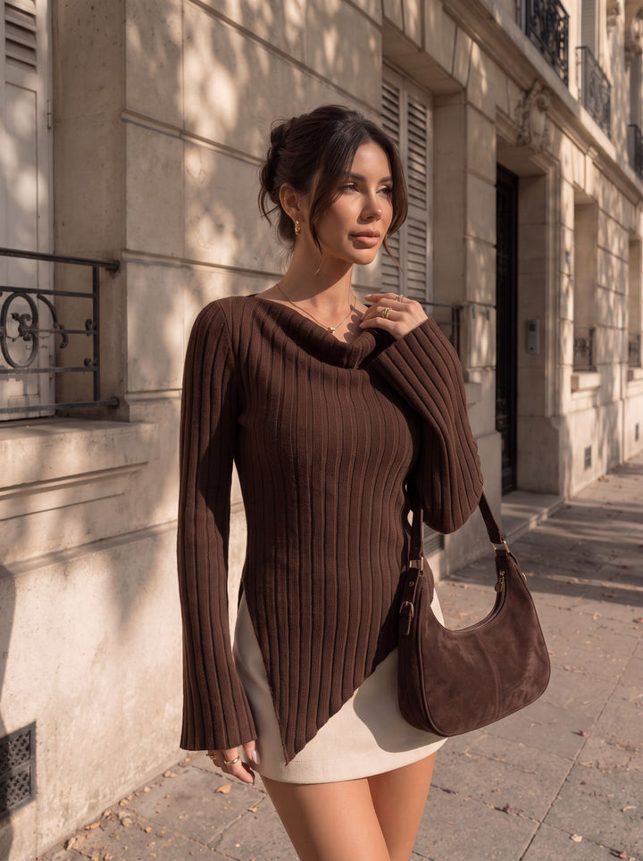 Ribbed Cowl Neck Flare Sleeve Top