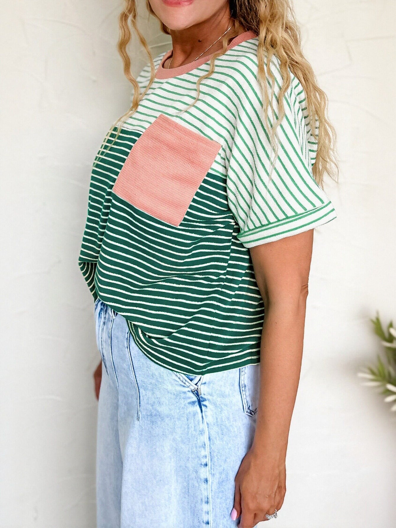 Colorblock Striped Pocket Cotton T Shirt
