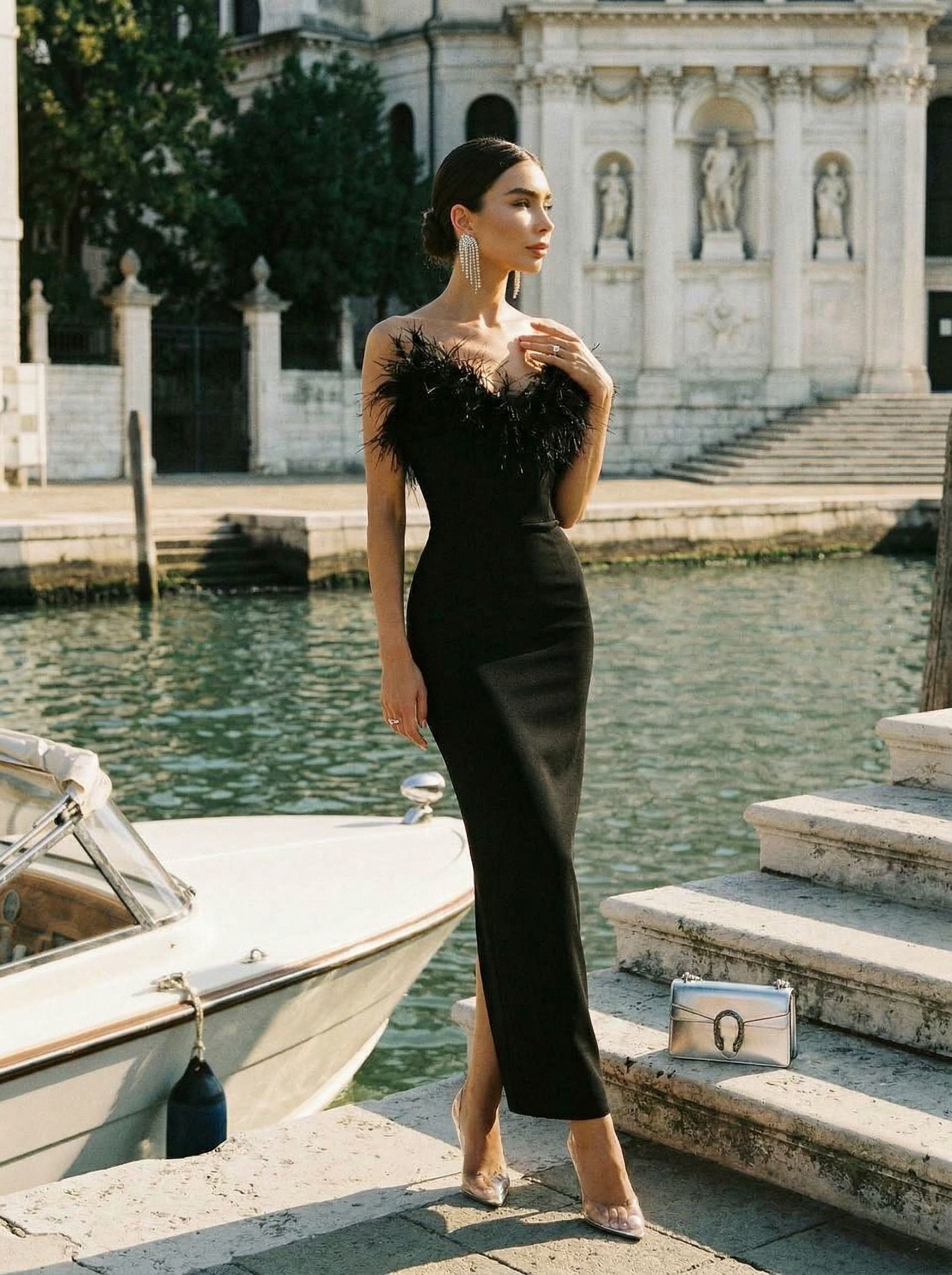 Feathered Top Off Shoulder Maxi Dress