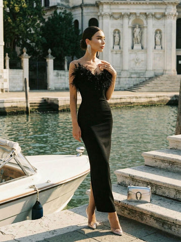 Feathered Top Off Shoulder Maxi Dress
