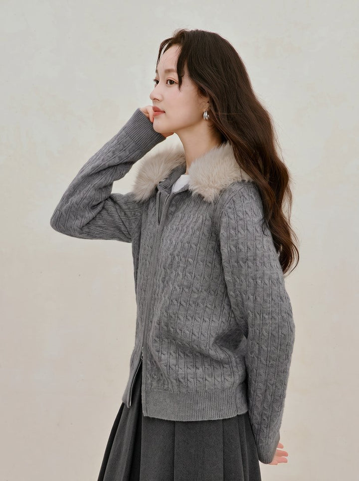 Faux Fur Hooded Cable Knit Cardigan