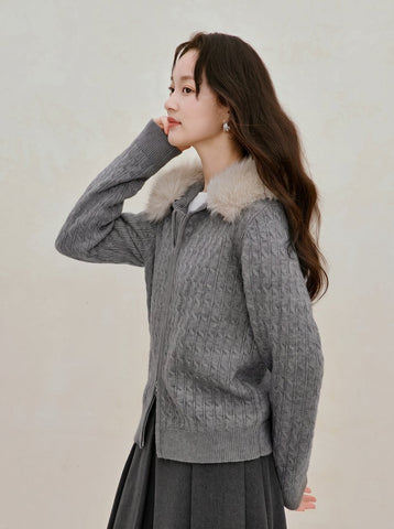 Faux Fur Hooded Cable Knit Cardigan