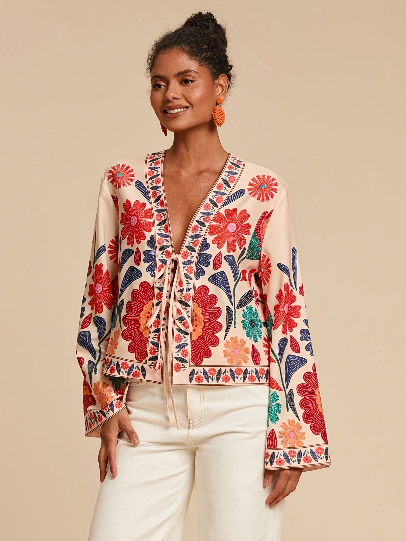 Boho Floral Embroidered Tie Front Shirt