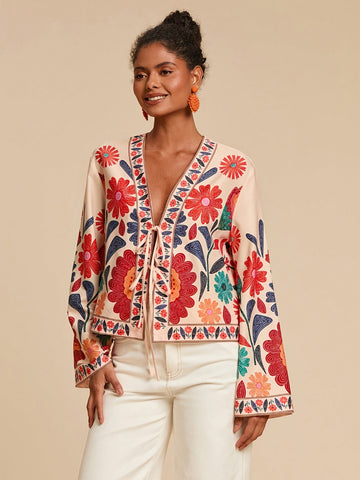 Boho Floral Embroidered Tie Front Shirt