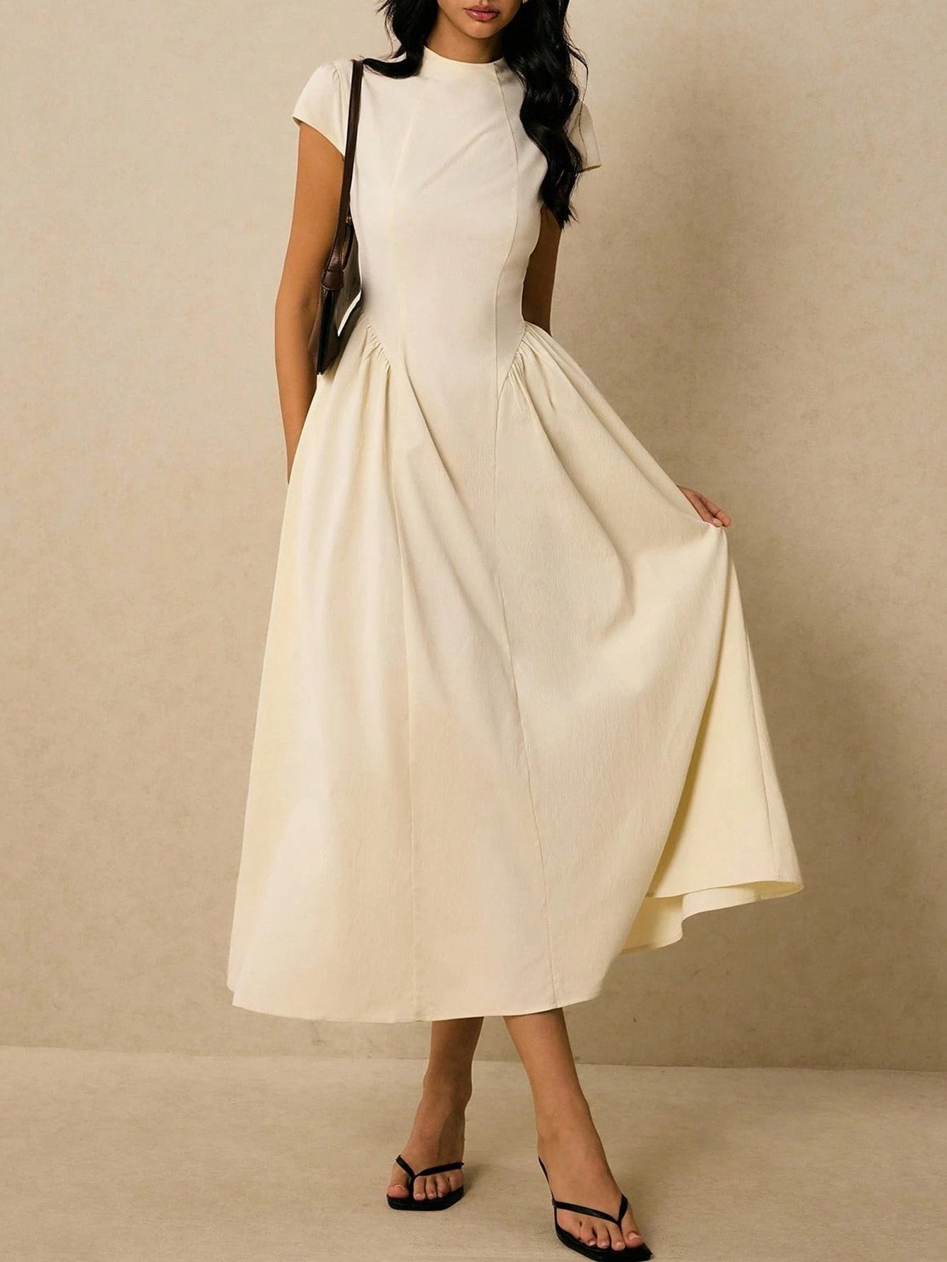 High-Neck Cap-Sleeve Draped Elegant Dress-Cream