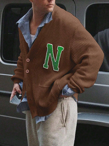 Oversized Letter Patch Ribbed Cardigan