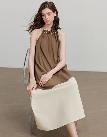 Two Tone Shirred Bodice Summer Midi Dress