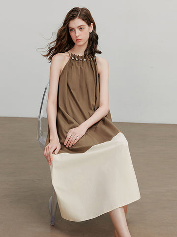 Two Tone Shirred Bodice Summer Midi Dress