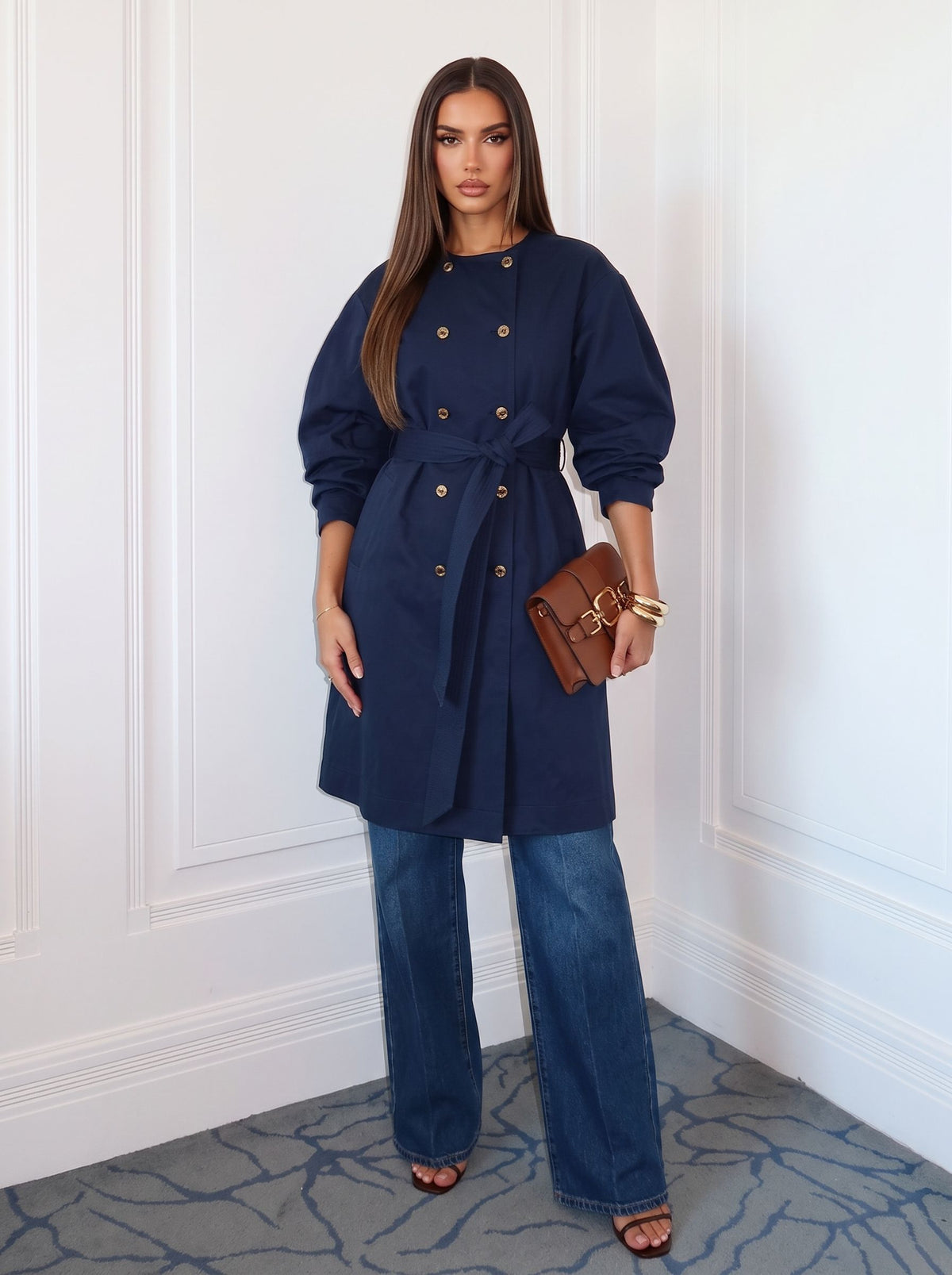 Double Breasted Belted Navy Trench Coat