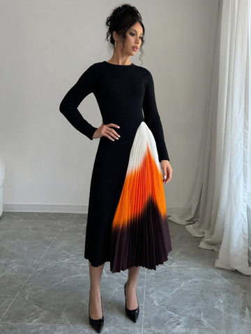 Ribbed Colorblock Pleated Midi Dress