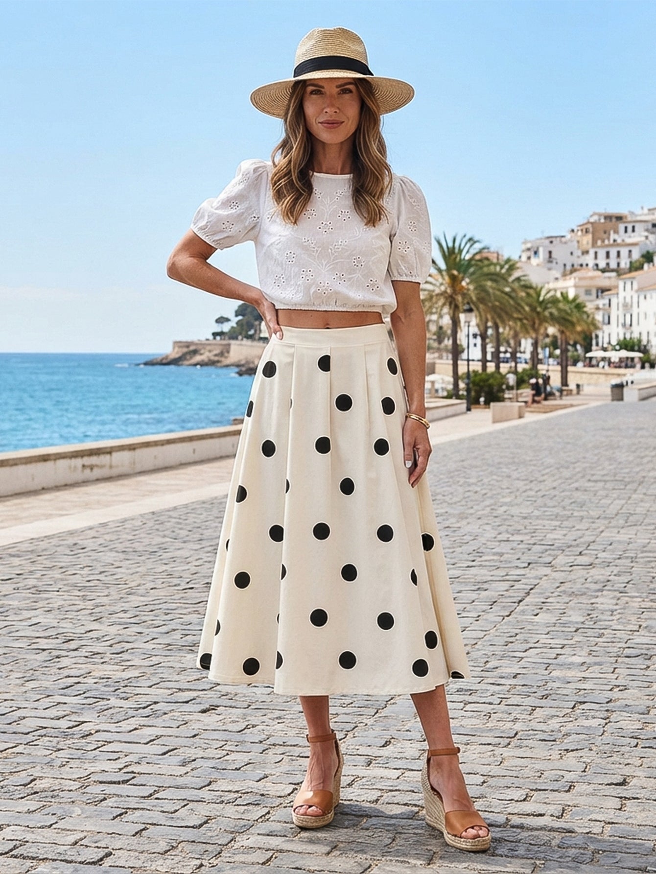 Pleated Polka Dot Midi Skirt