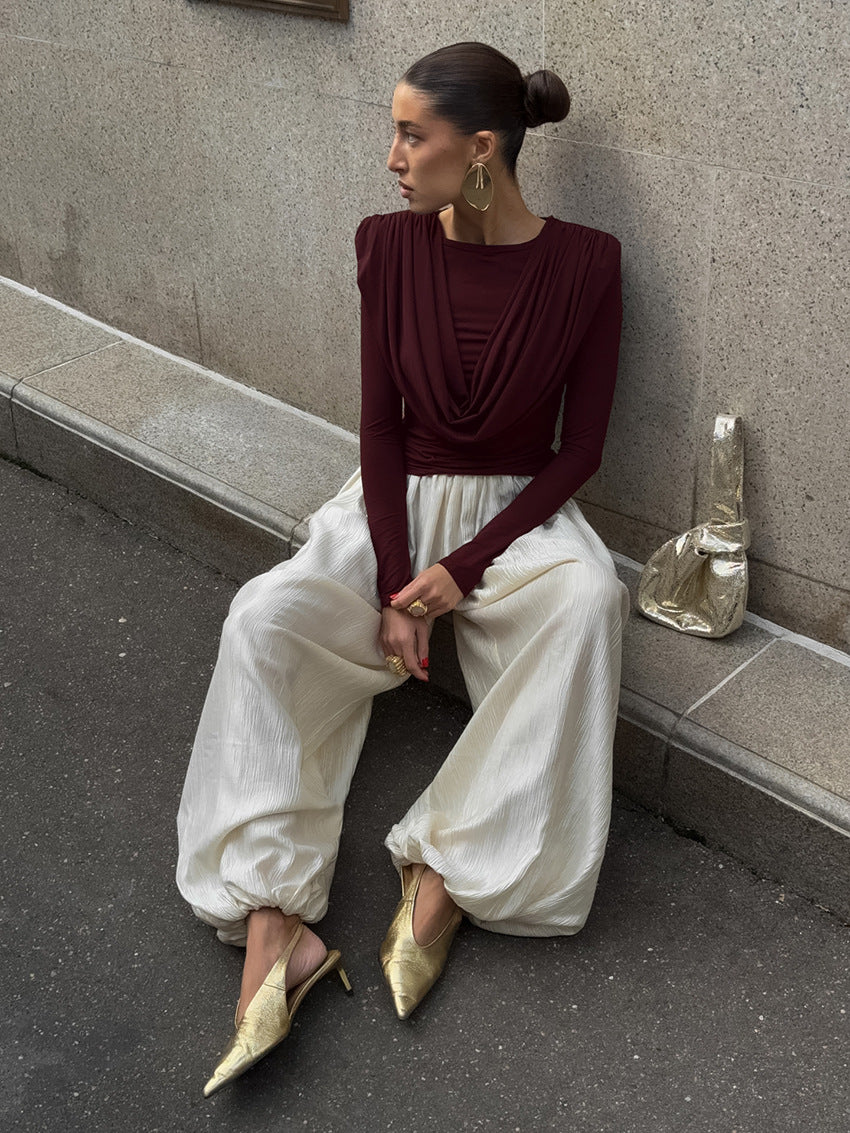 Padded Shoulder Cowl Neck T Shirt