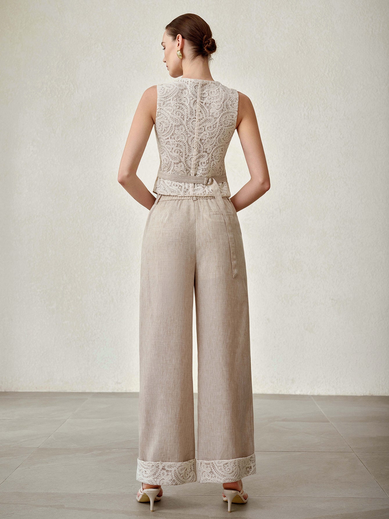 Elegant Lace Vest Wide Leg Pants Set