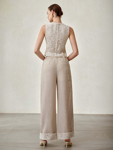 Elegant Lace Vest Wide Leg Pants Set