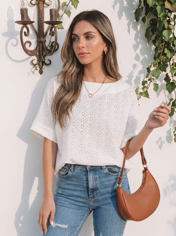 White Eyelet Embroidered Casual T-Shirt