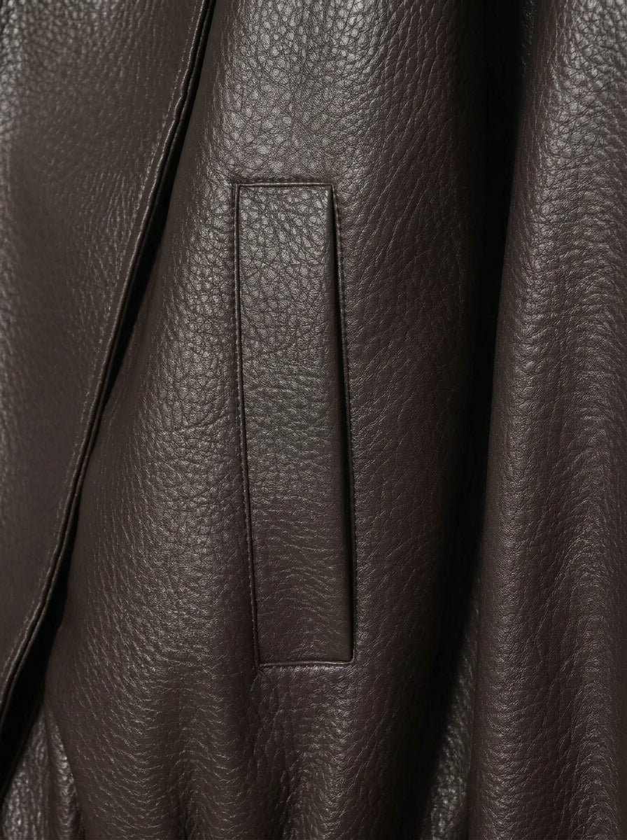Oversized Brown Faux Leather Bomber Jacket