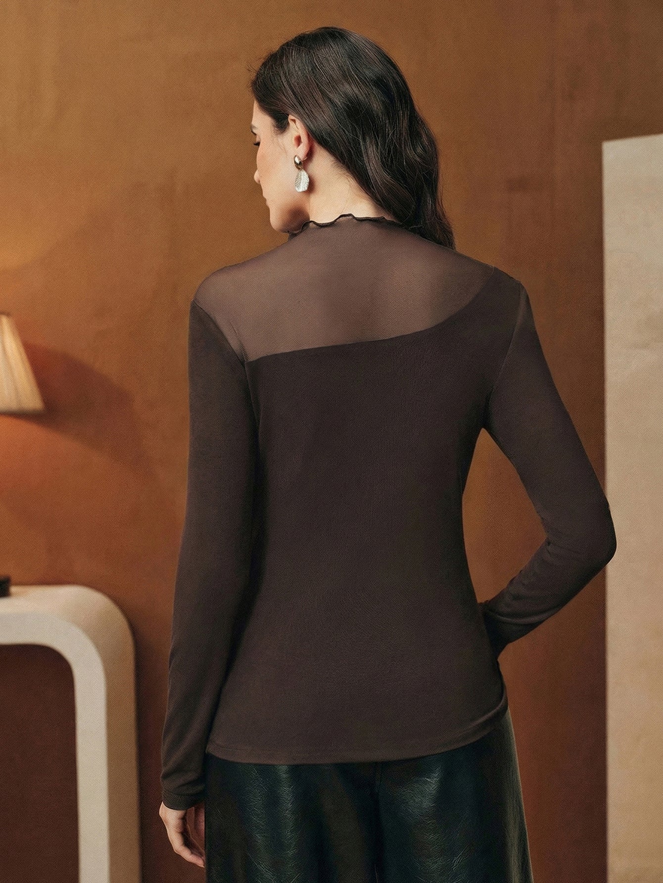 Sheer Floral Applique Mesh Long-Sleeve Top