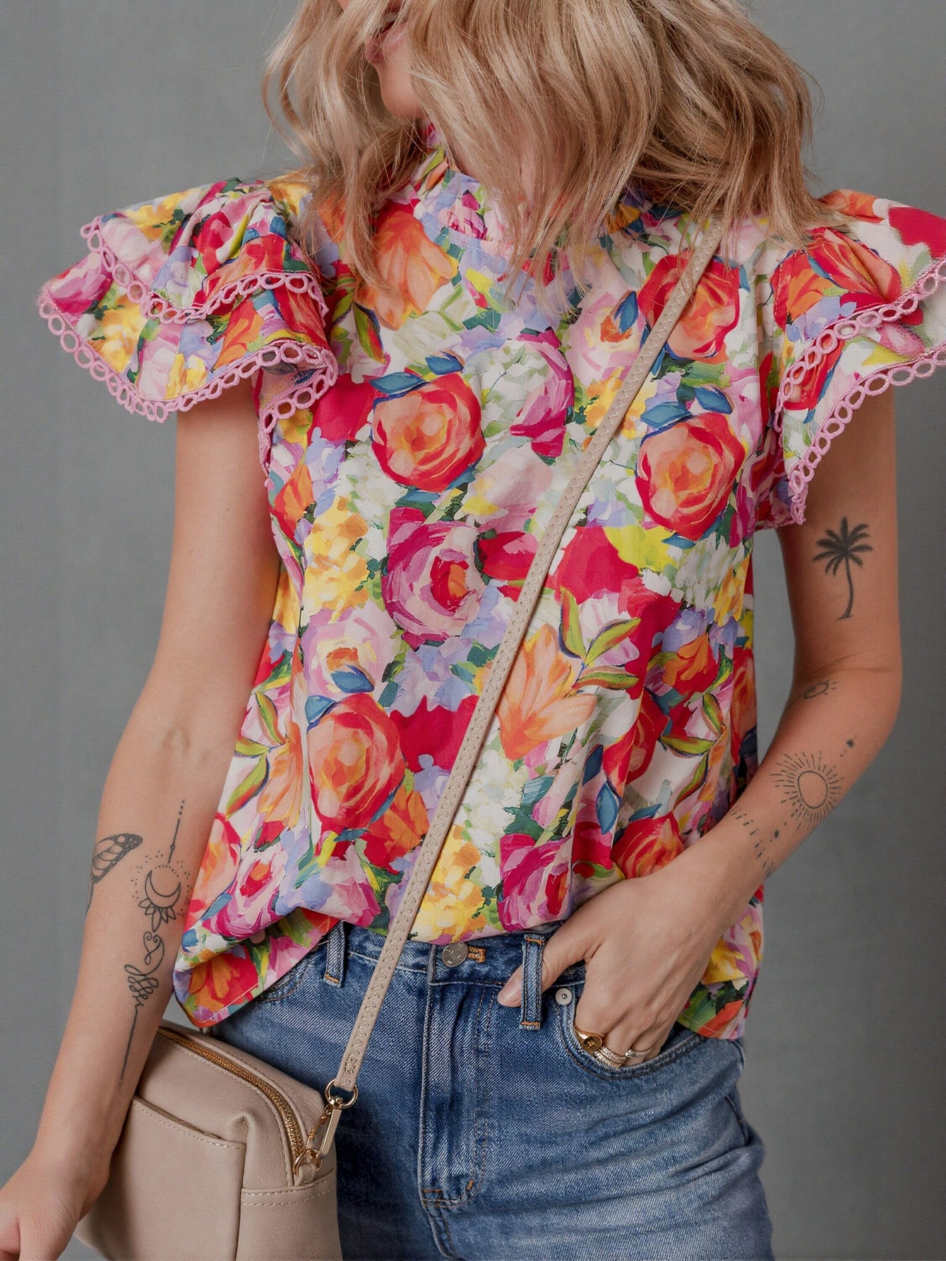 Floral Ruffle Sleeve Chiffon Blouse