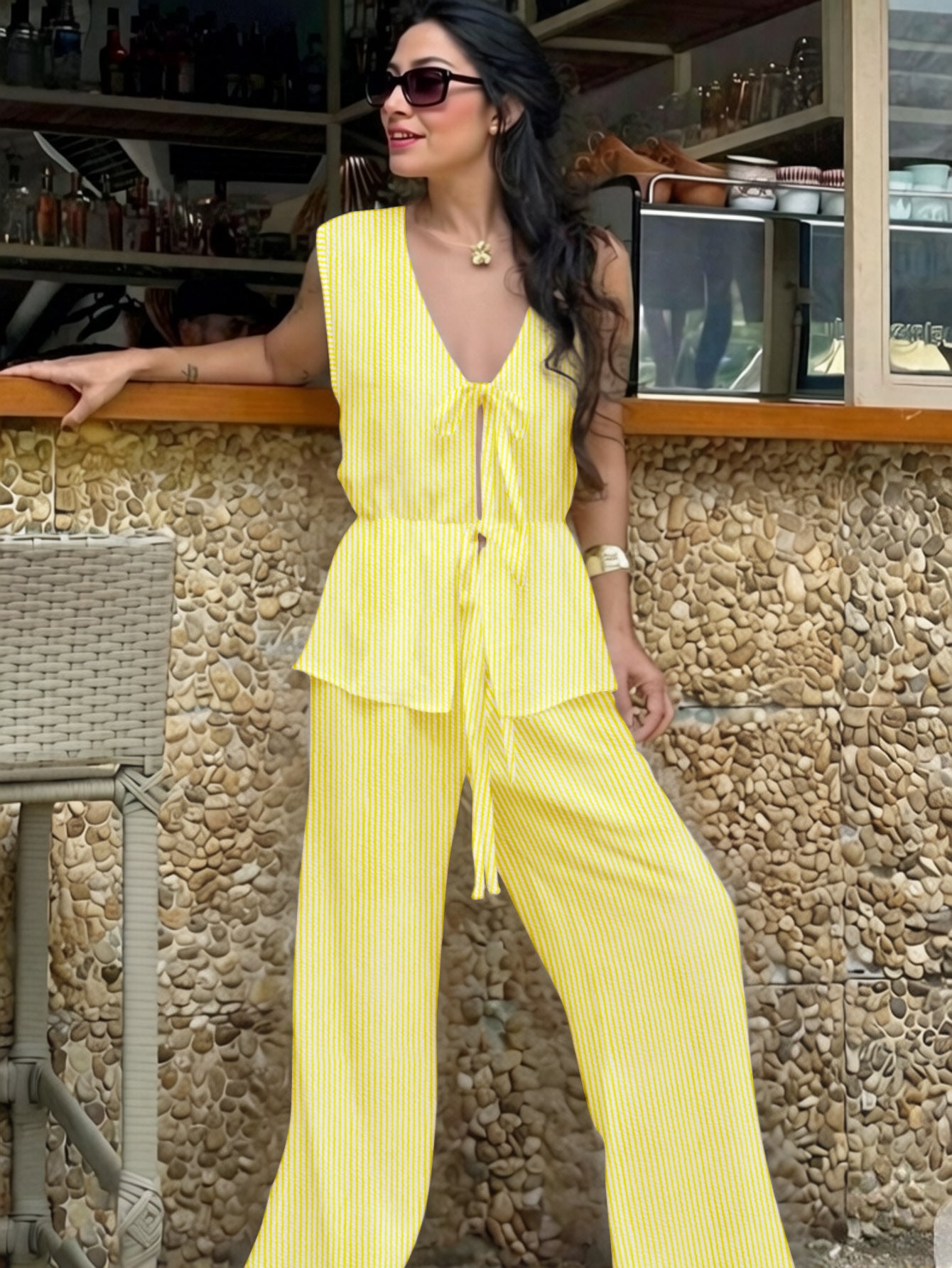 Yellow Striped Sleeveless Pants Set