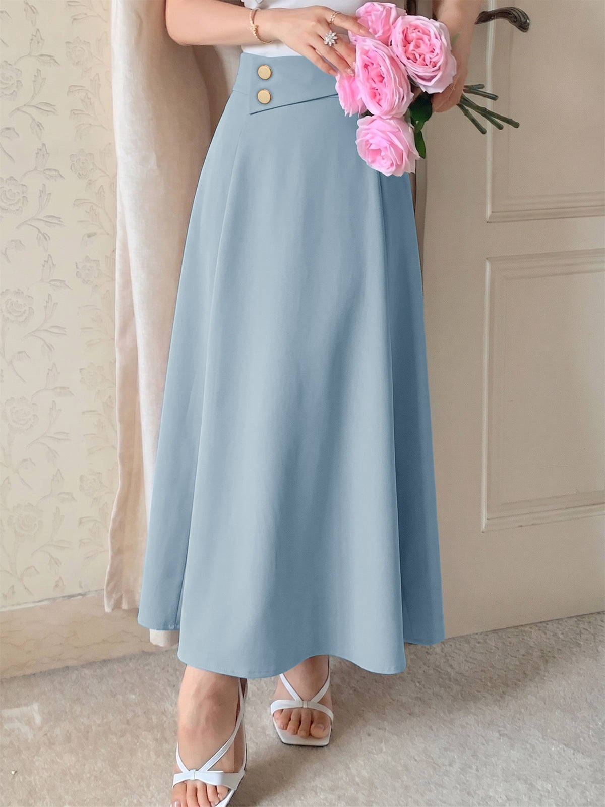 High Waisted Button Detail Midi Skirt