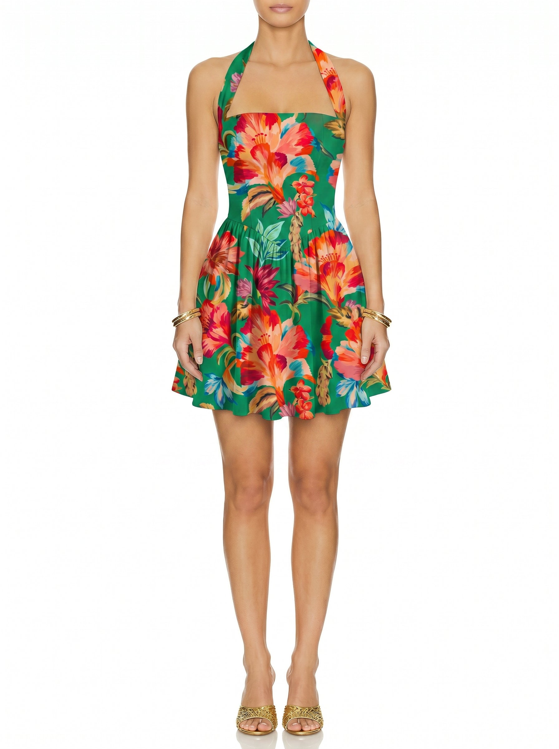ROMÉE Floral Print  Halter Neck Tie Back Mini Dress