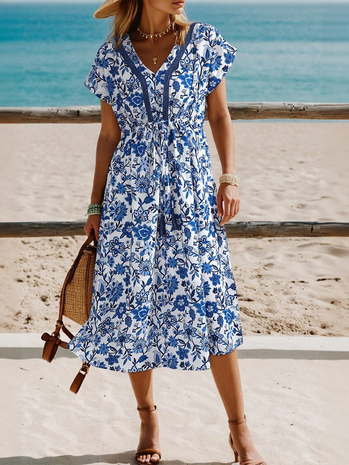 Printed V Neck Beach Midi Dress