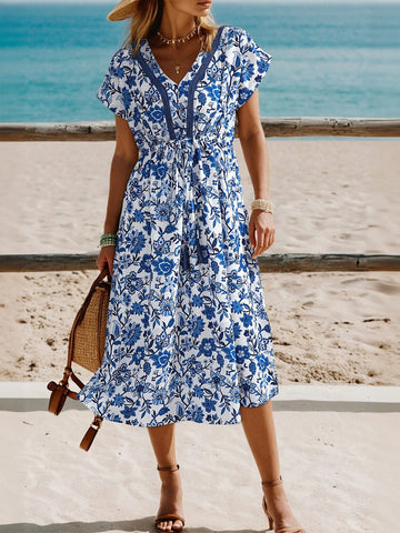 Printed V Neck Beach Midi Dress