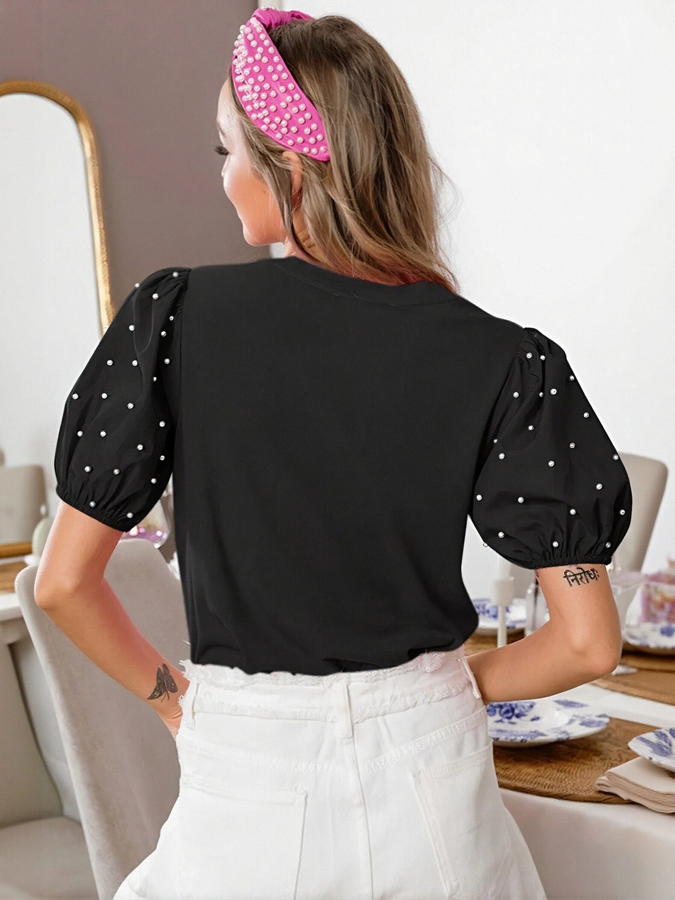 Puff Sleeve Pearl Detail Sweater