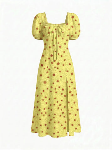 Floral Print Puff Sleeve Tie MidiDress