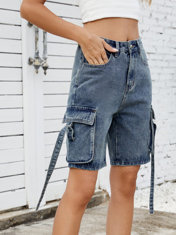 High Waisted Cargo Denim Shorts