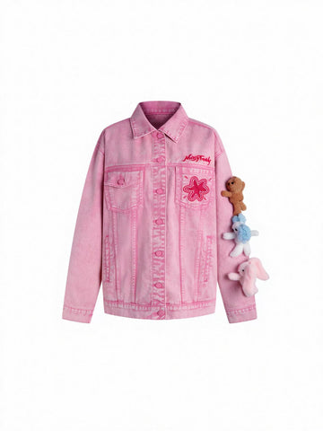 Oversized Pink Graphic Denim Jacket