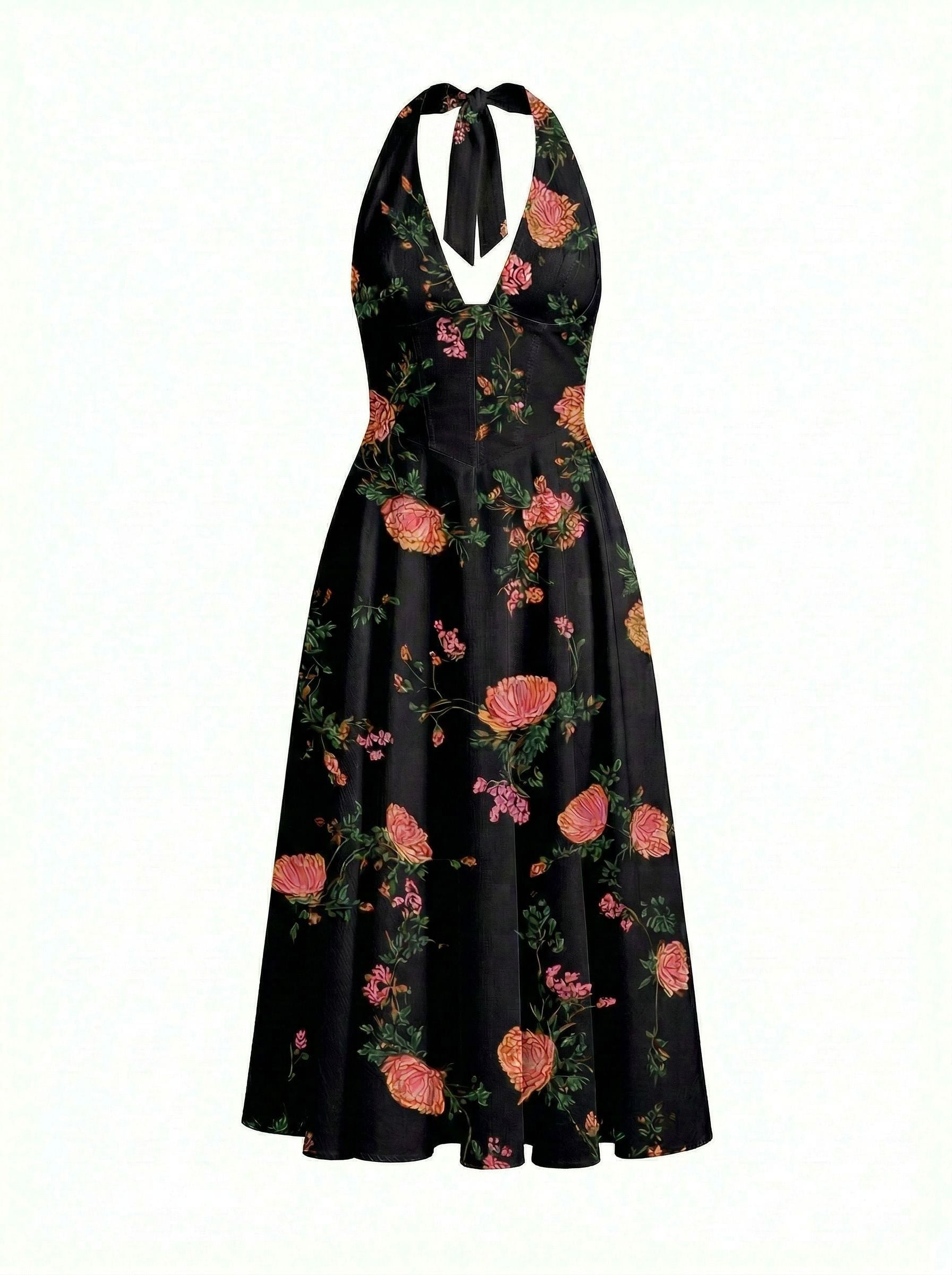 Floral Print Halter Neck Tie Back Midi Dress
