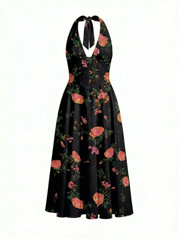 Floral Print Halter Neck Tie Back Midi Dress