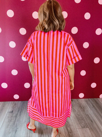 Vibrant Striped V Neck Midi Dress