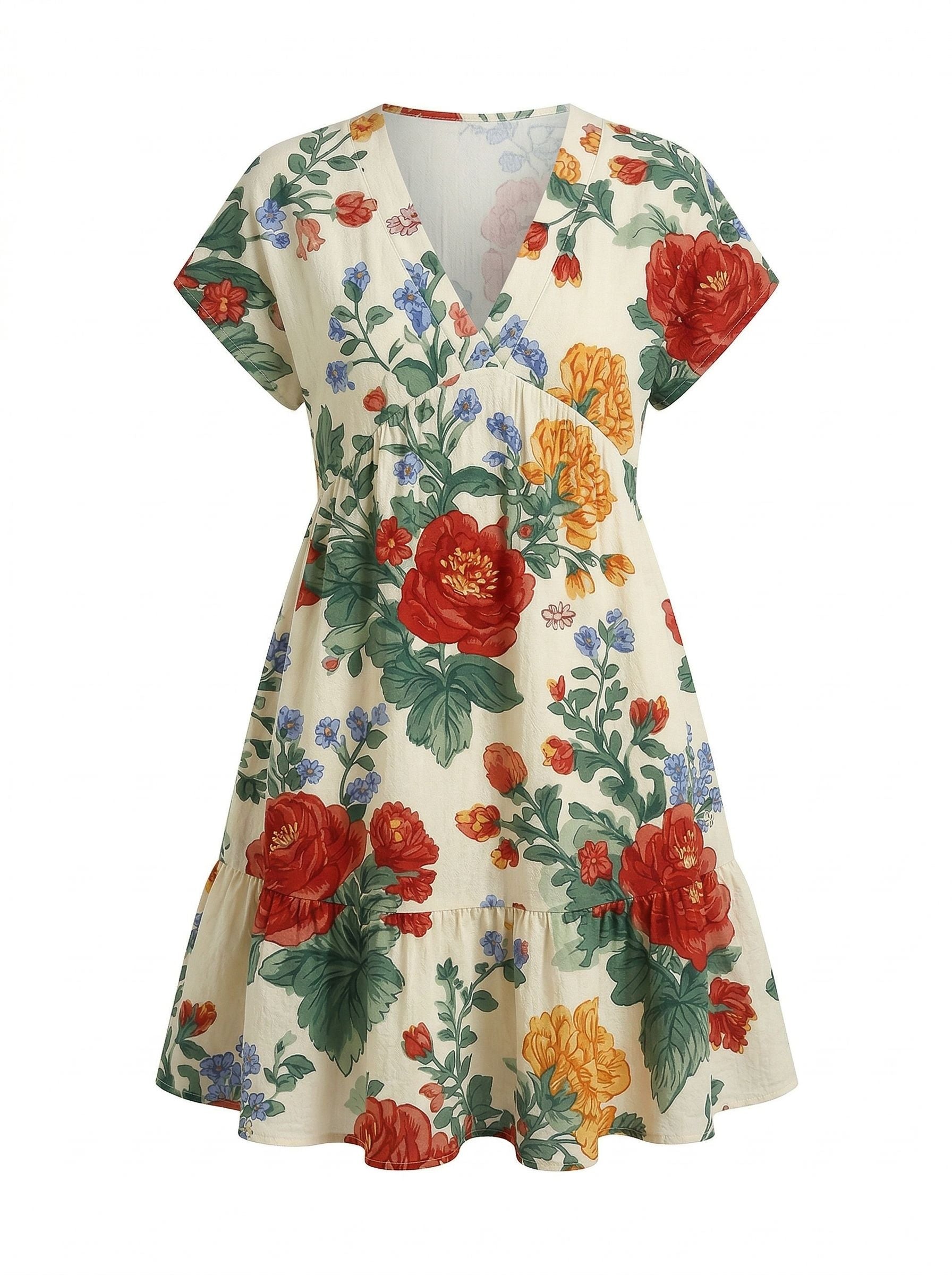 EVA Floral Print V Neck Tiered Babydoll Mini Dress