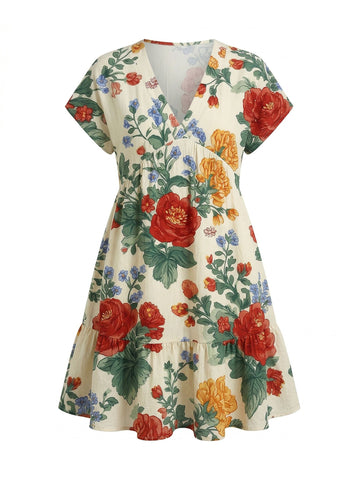 EVA Floral Print V Neck Tiered Babydoll Mini Dress