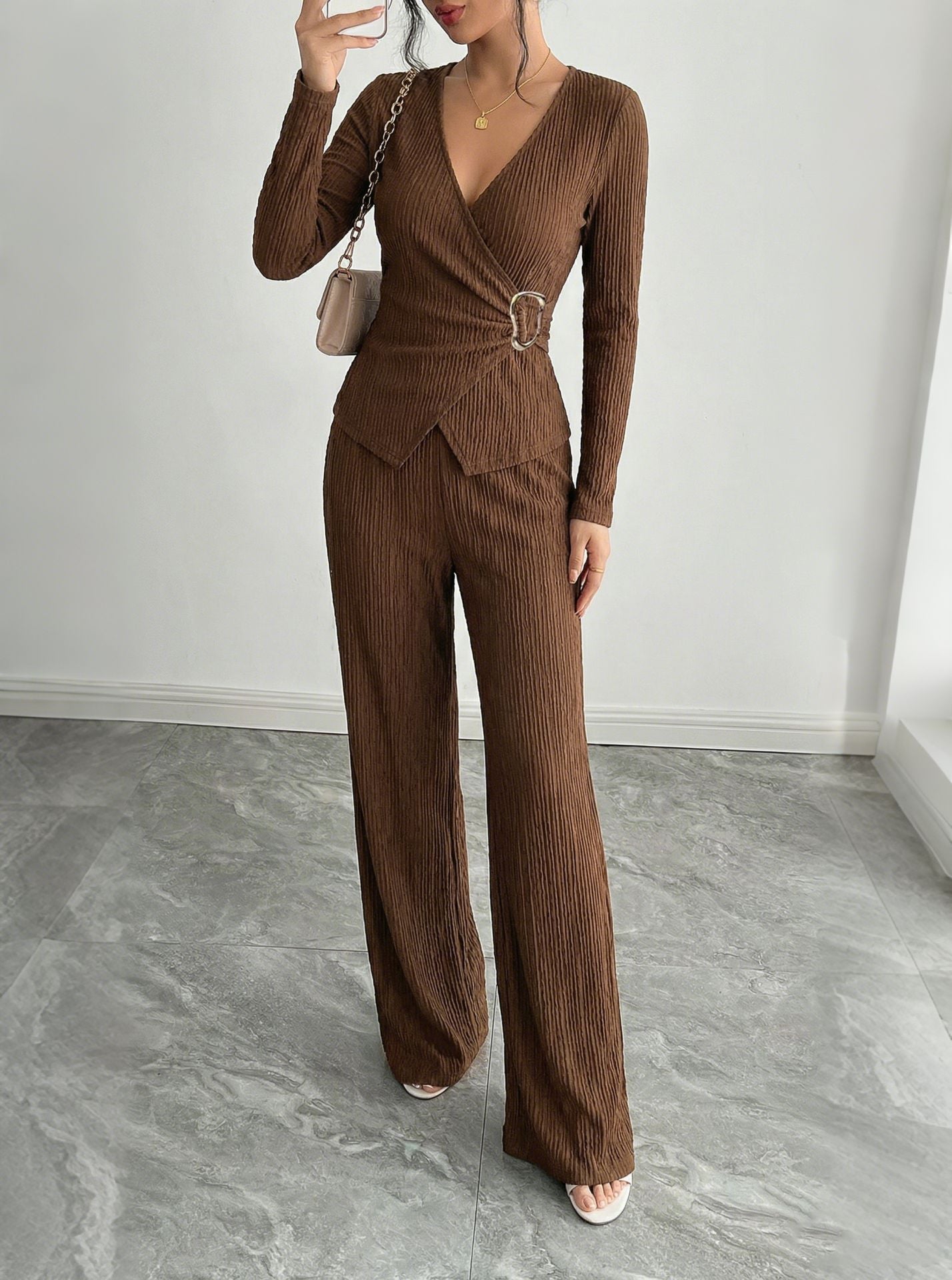 Ribbed Wrap Waist Pant Set