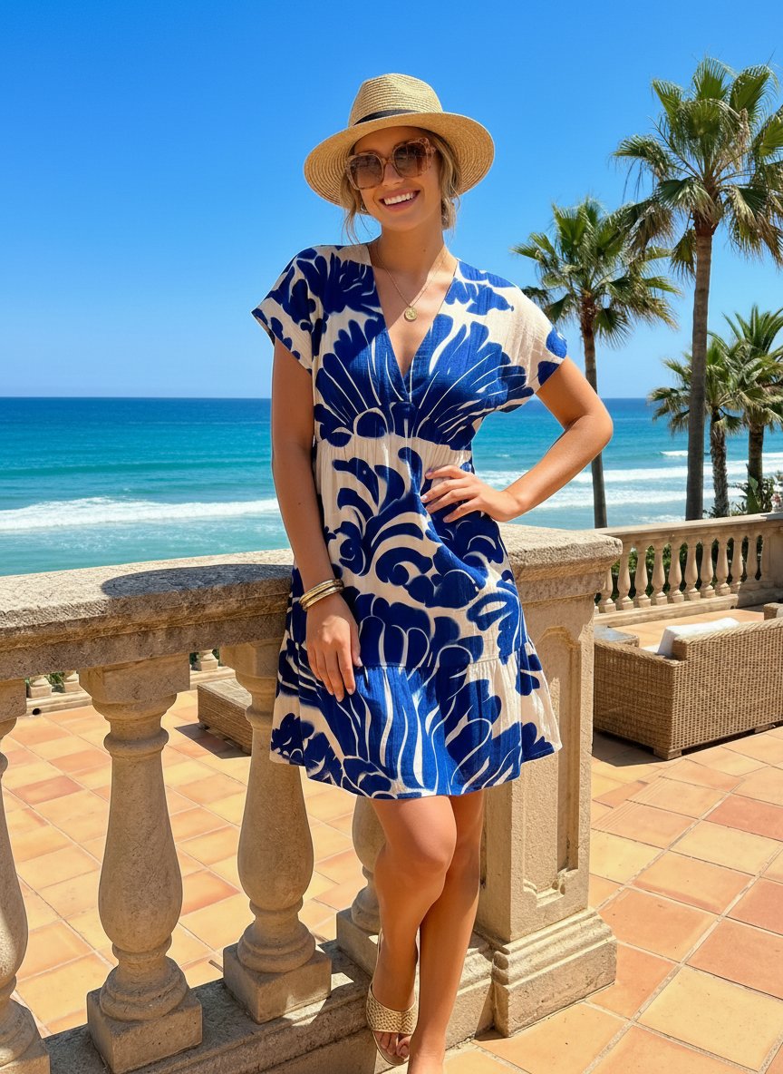 EVA Mediterranean Tile V Neck Tiered Babydoll Mini Dress
