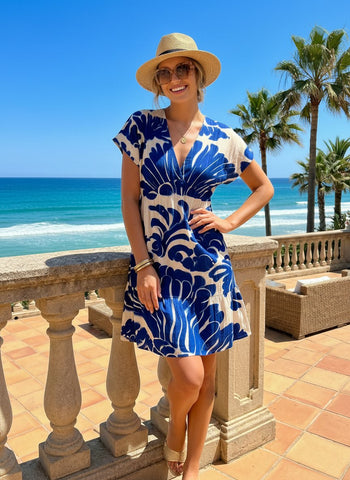 EVA Mediterranean Tile V Neck Tiered Babydoll Mini Dress