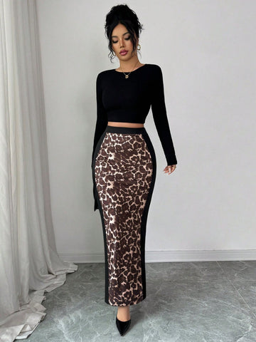 High Waisted Leopard Print Maxi Skirt