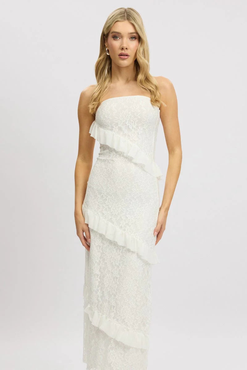 Off Shoulder Lace Tiered Vacation Maxi Dress