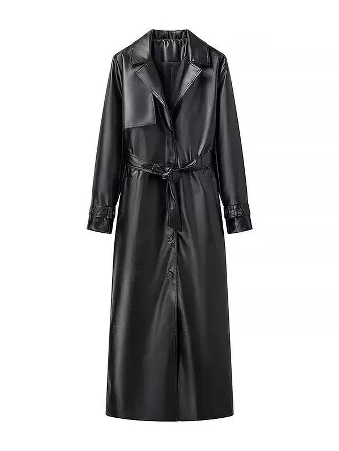 Elegant Belted Faux Leather Trench Coat