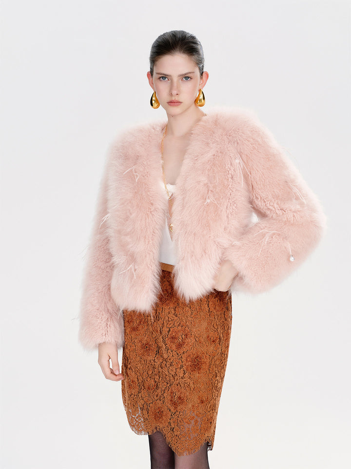 Plush Pink Feather Trim Fur Coat