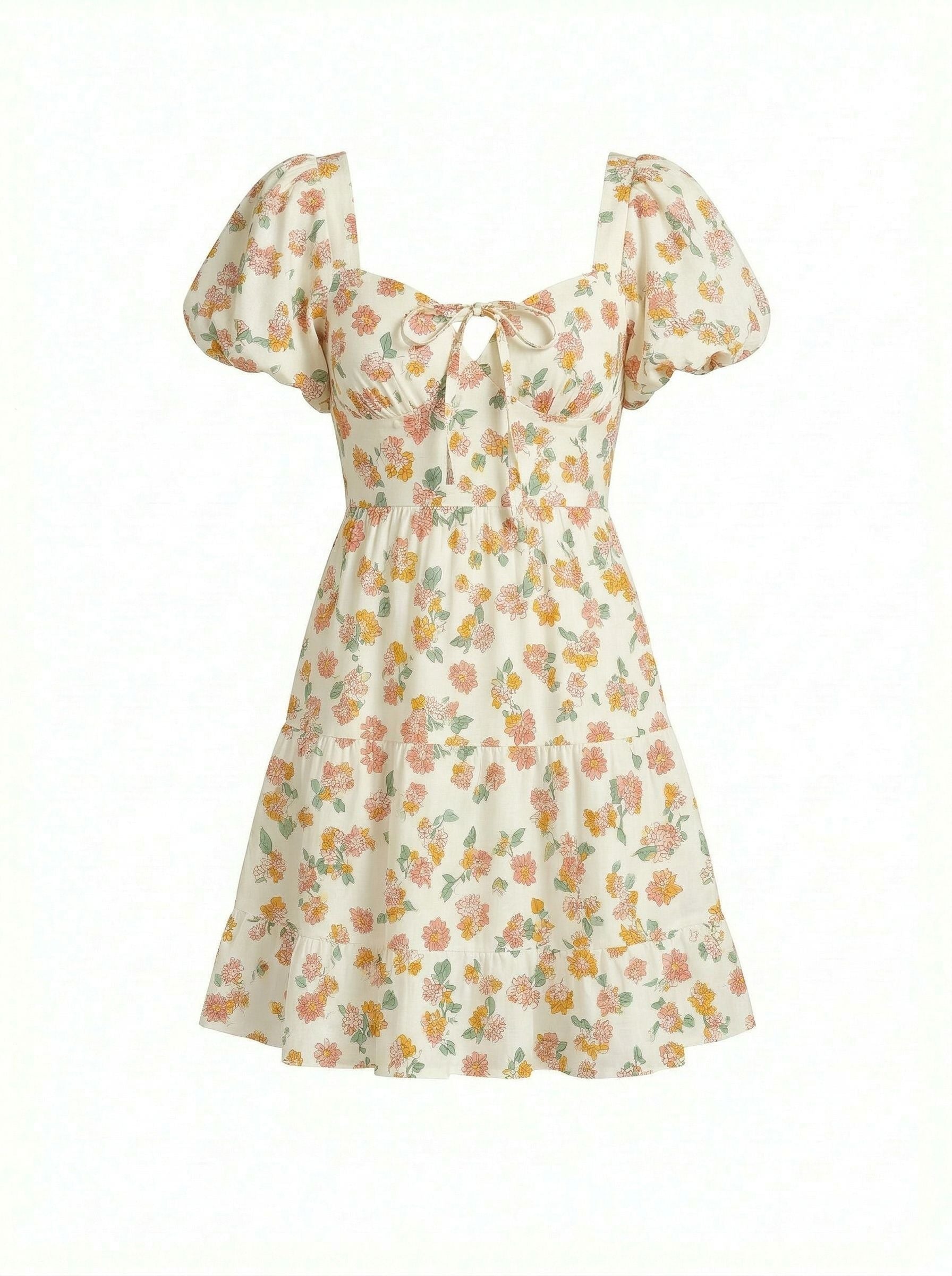 AYLA Floral Print Puff Sleeve Tiered Mini Dress