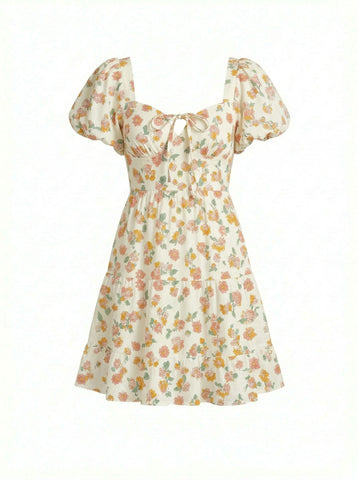 AYLA Floral Print Puff Sleeve Tiered Mini Dress