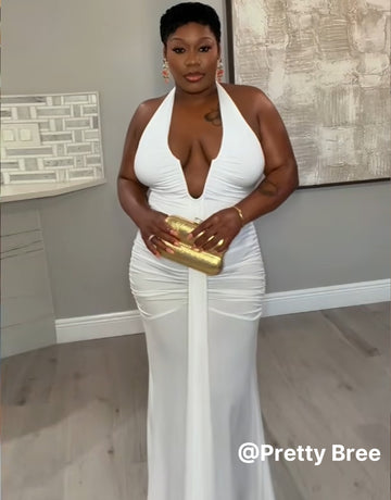 Plunging Neck Ruched Maxi Dress