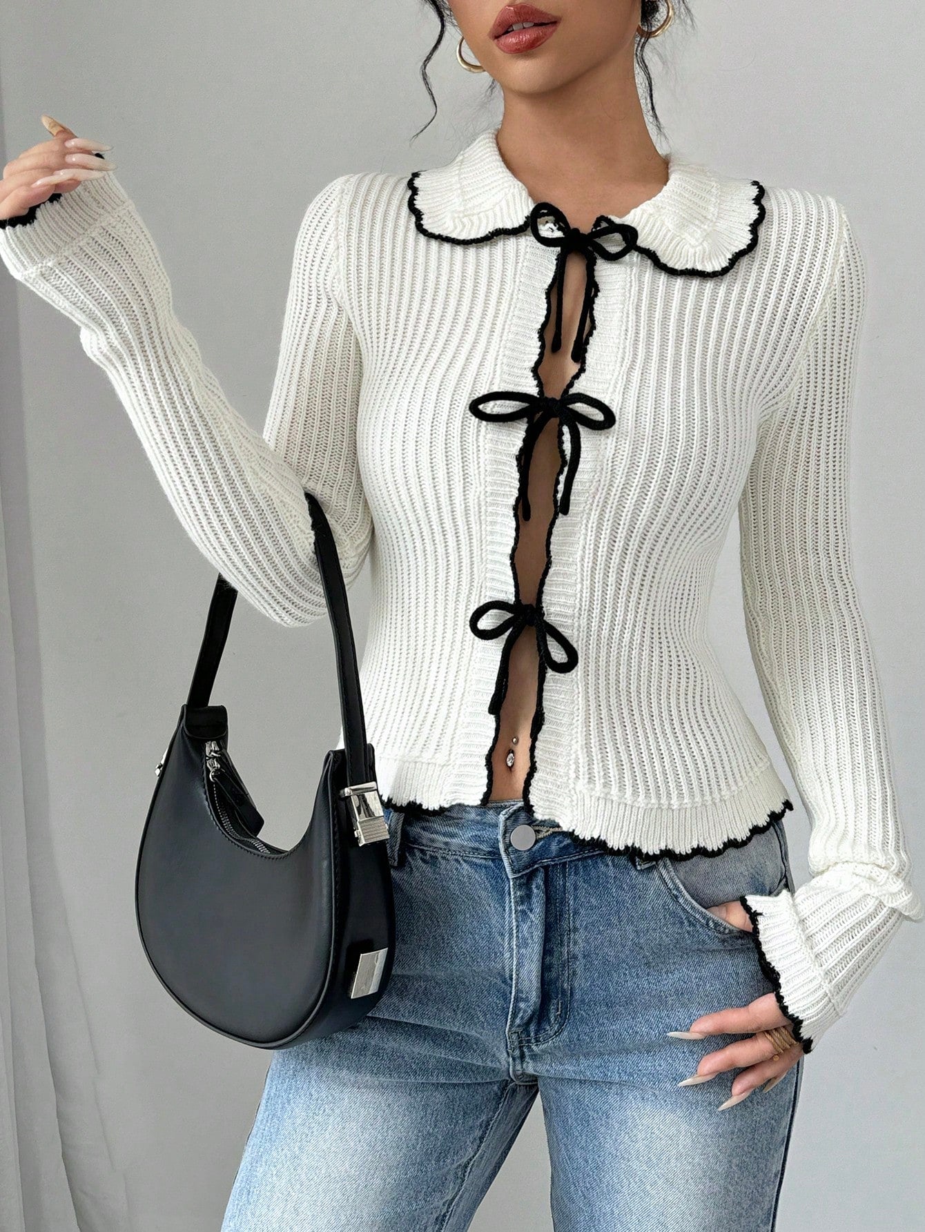 Contrast Bow Tie Ribbed Cardigan